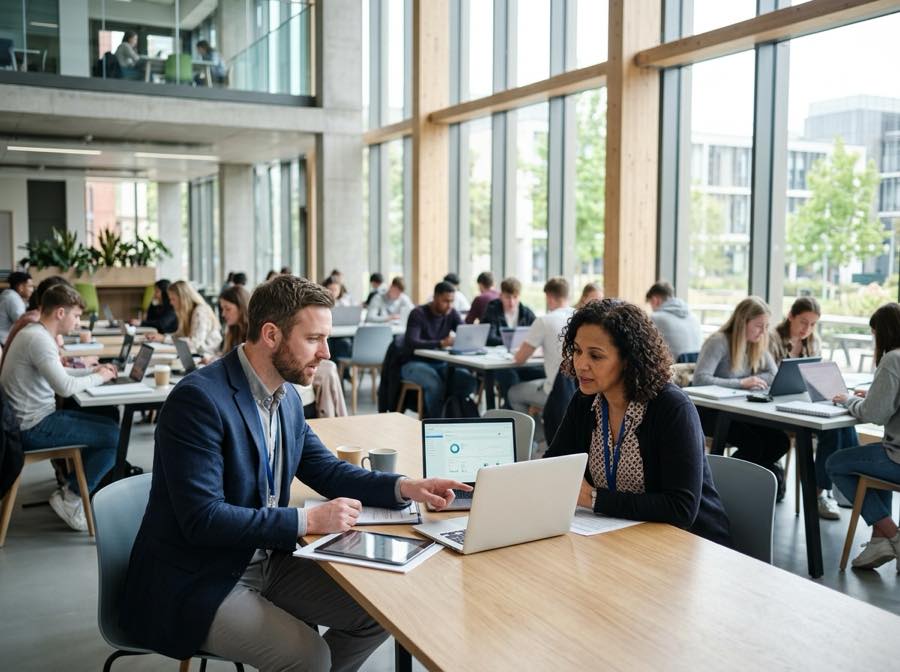 An IT professional and university administrator working through a laptop review in a busy campus learning commons