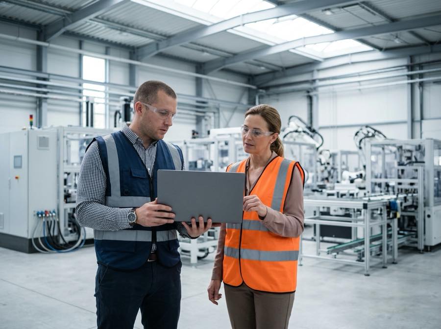 An IT engineer and plant supervisor reviewing systems on a laptop on an automated manufacturing floor